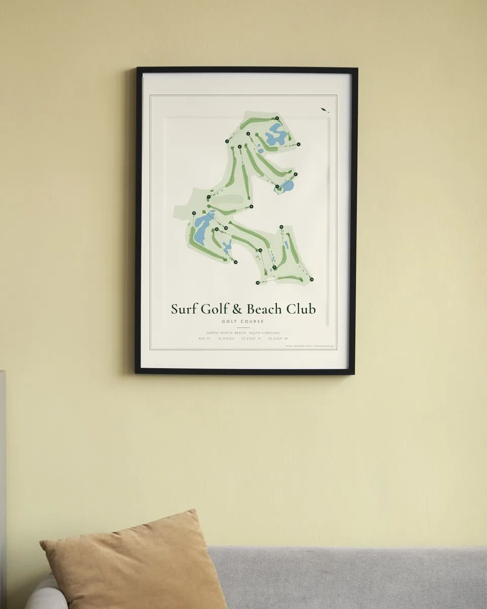 Surf Golf & Beach Club golf course map print framed on a wall