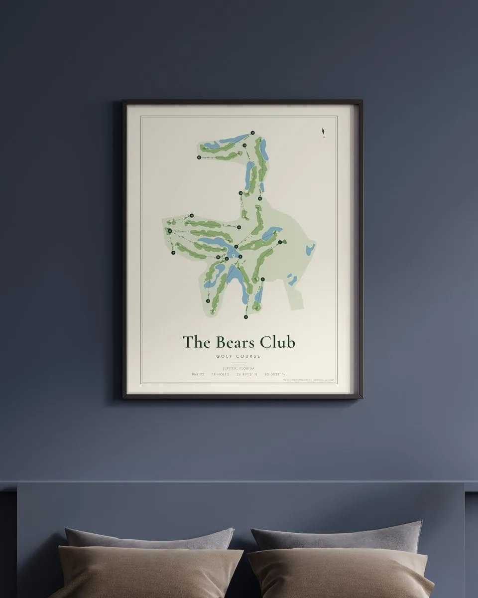 The Bears Club golf course map print framed on a wall