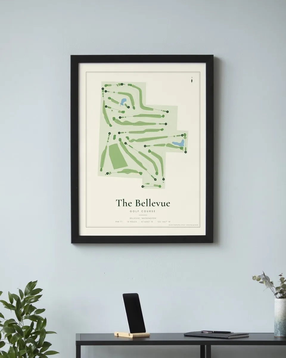 The Bellevue Golf Course golf course map print framed on a wall