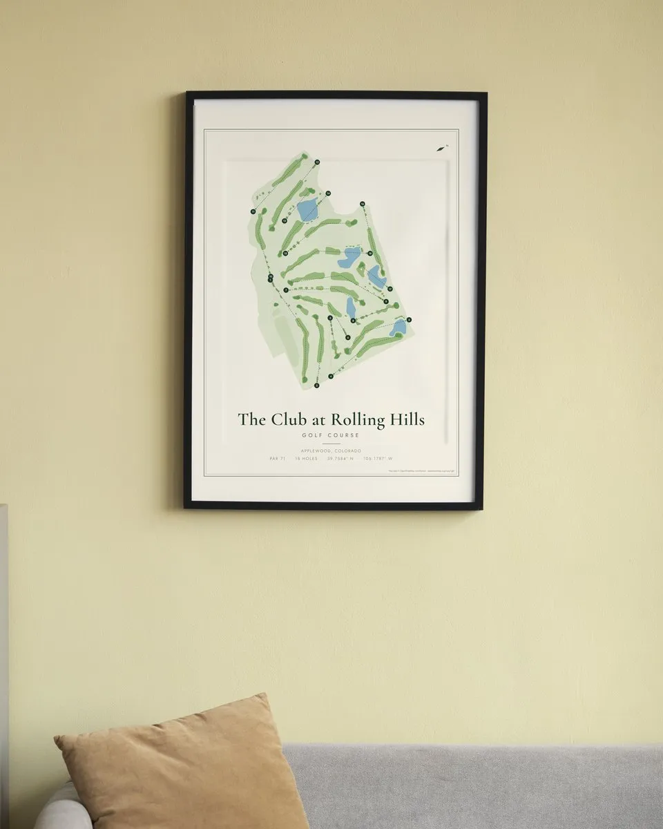The Club at Rolling Hills golf course map print framed on a wall