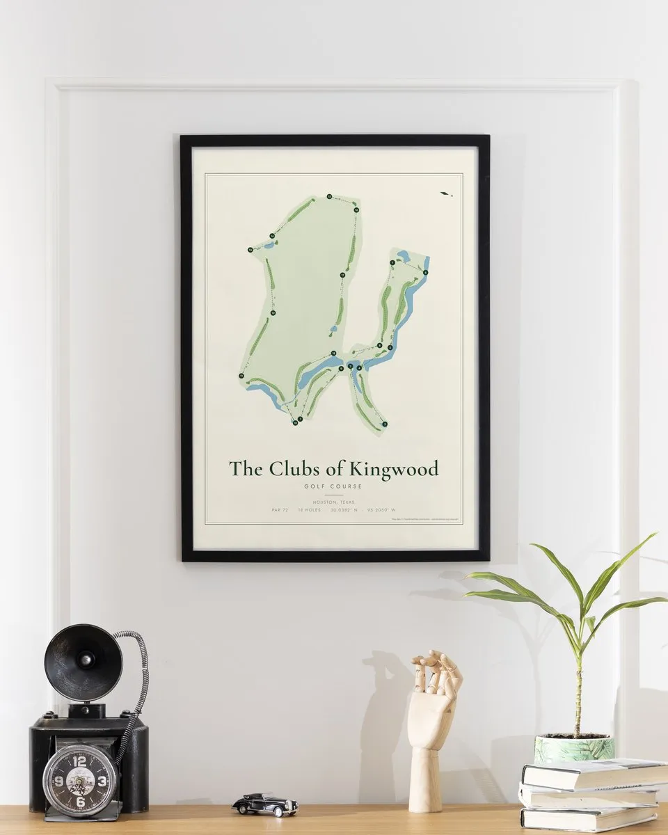 The Clubs of Kingwood - Lake Course golf course map print framed on a wall