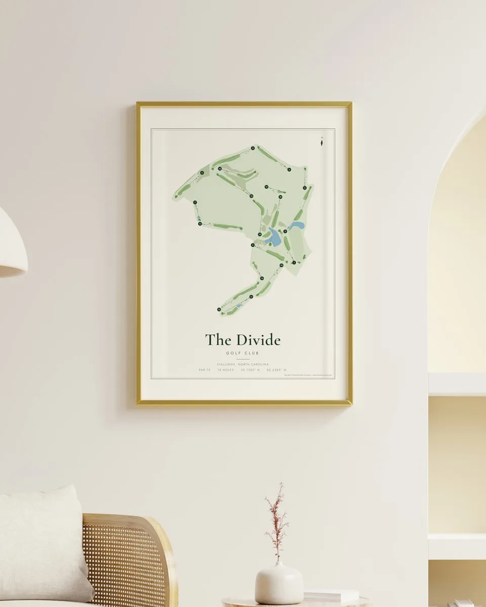 The Divide Golf Club golf course map print framed on a wall