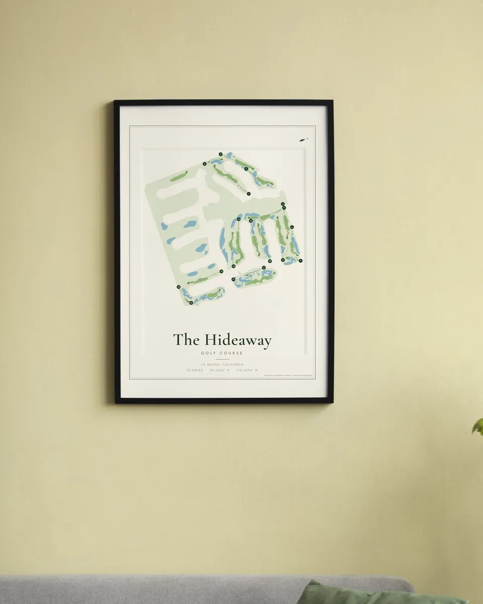 The Hideaway (Pete Dye & Clive Clark Courses) golf course map print framed on a wall