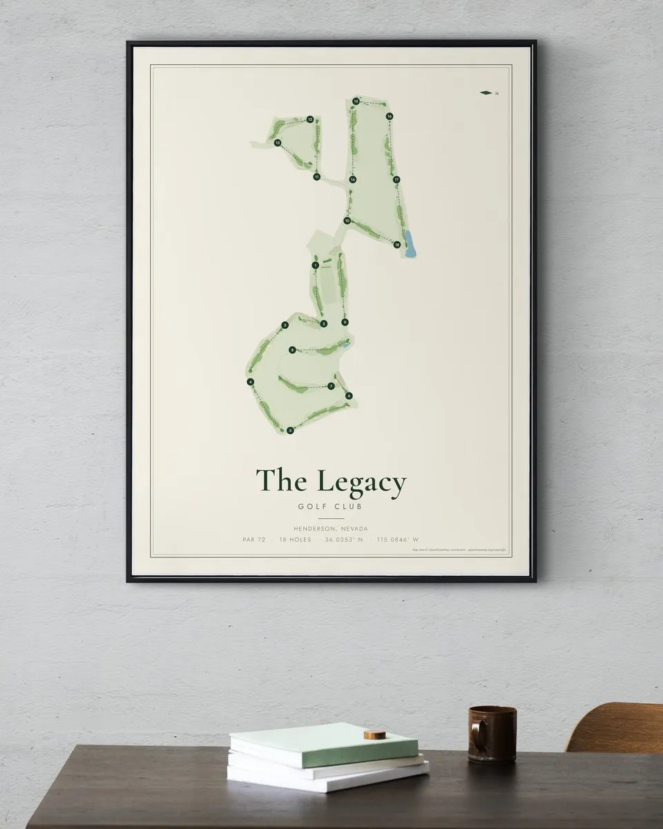 The Legacy Golf Club golf course map print framed on a wall