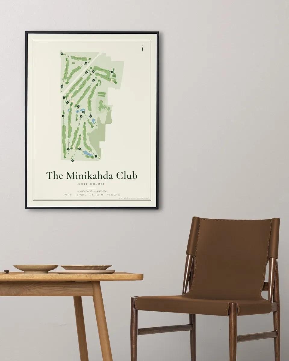 The Minikahda Club golf course map print framed on a wall