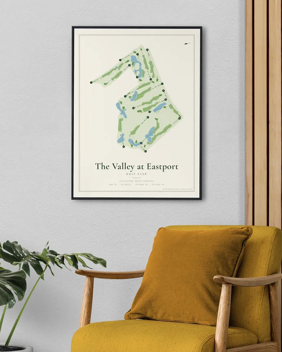 The Valley at Eastport Golf Club golf course map print framed on a wall