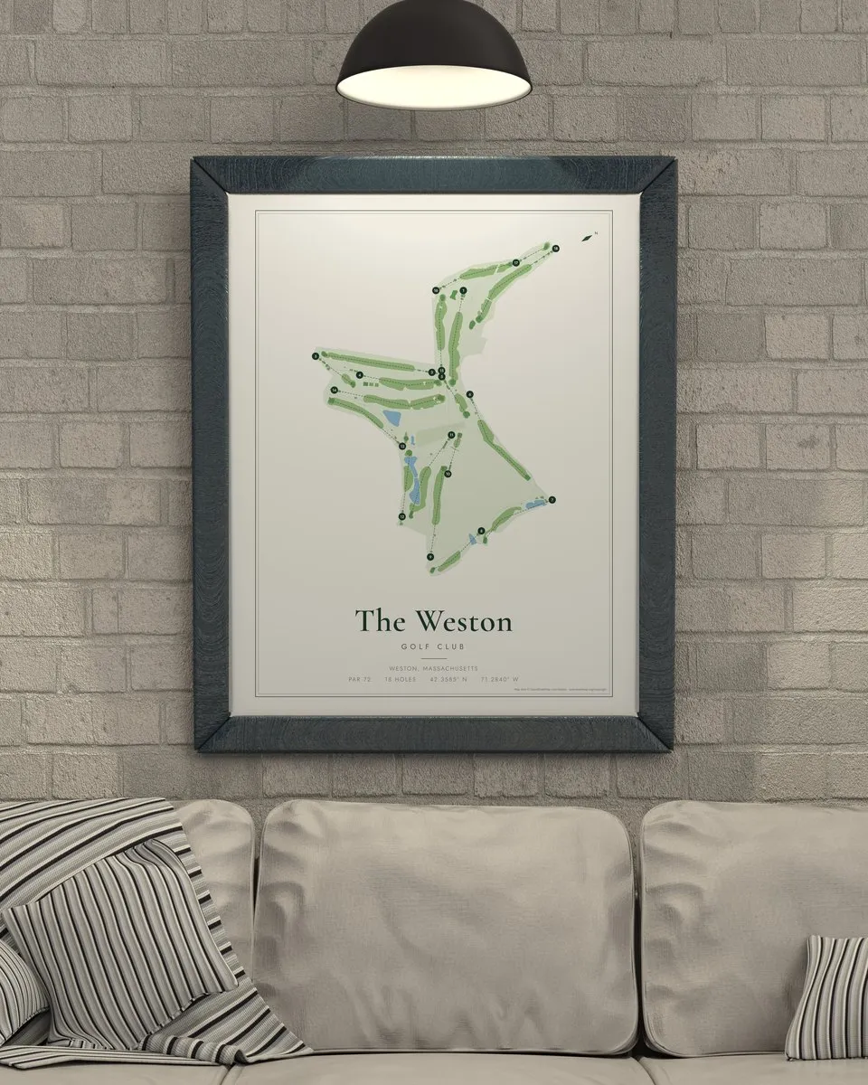 The Weston Golf Club golf course map print framed on a wall