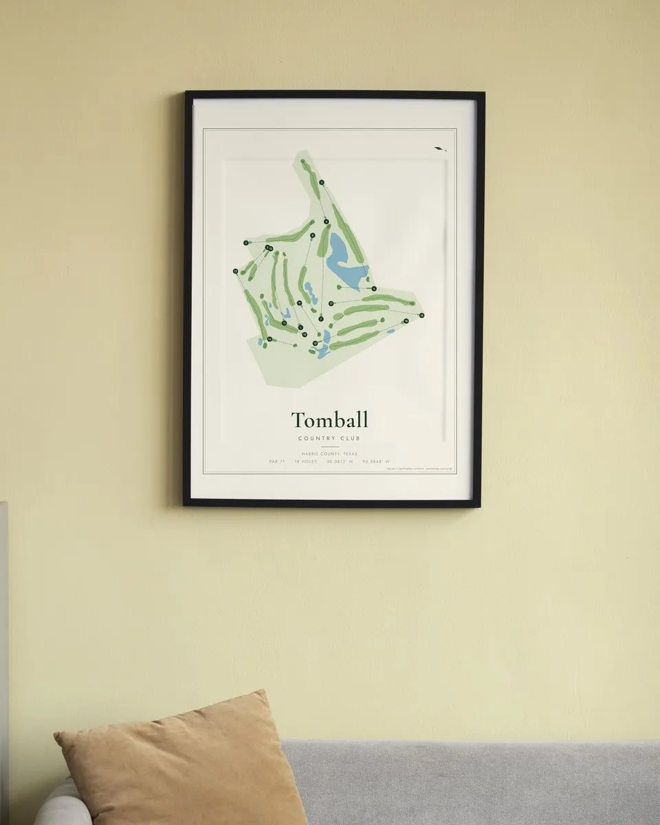 Tomball Country Club golf course map print framed on a wall