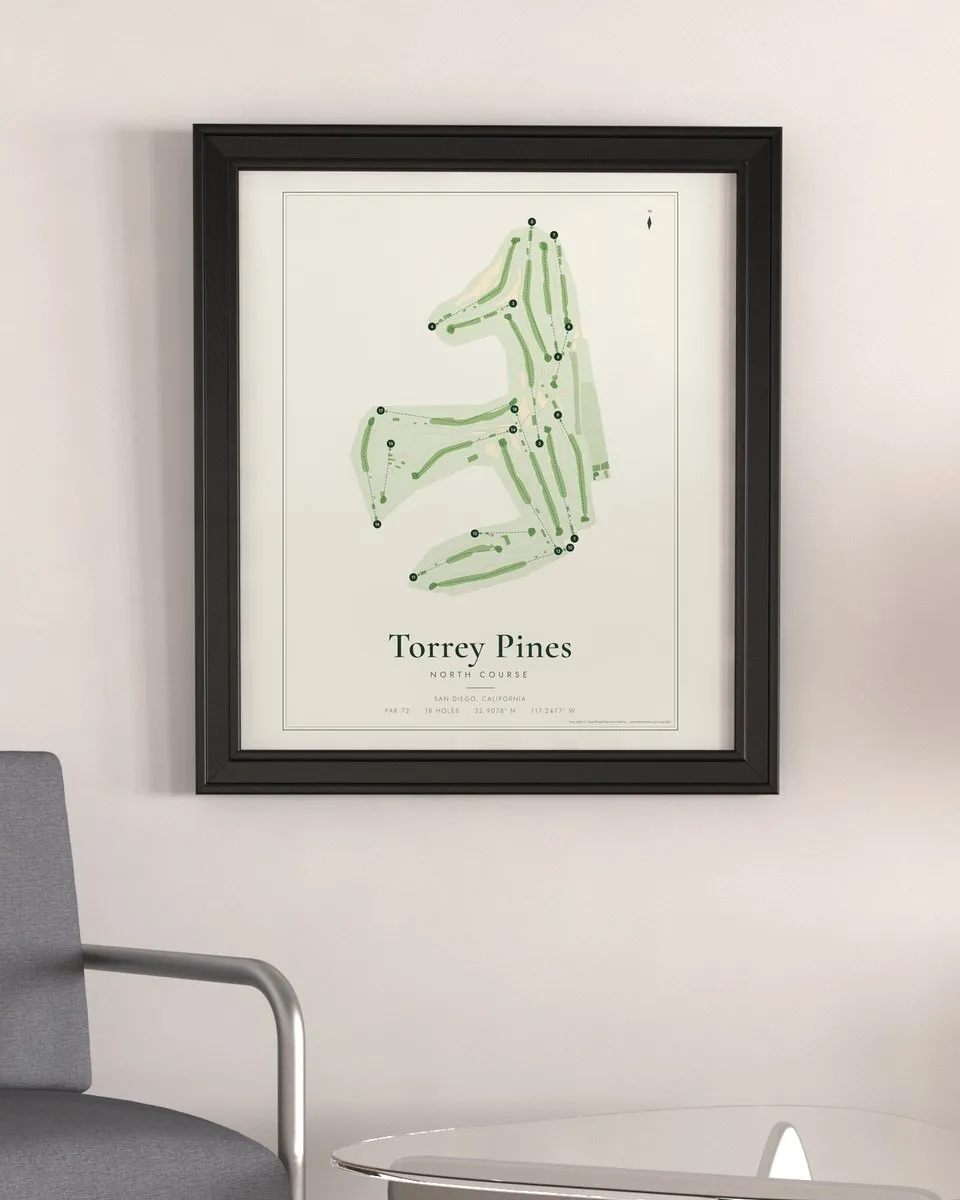 Torrey Pines North Course golf course map print framed on a wall