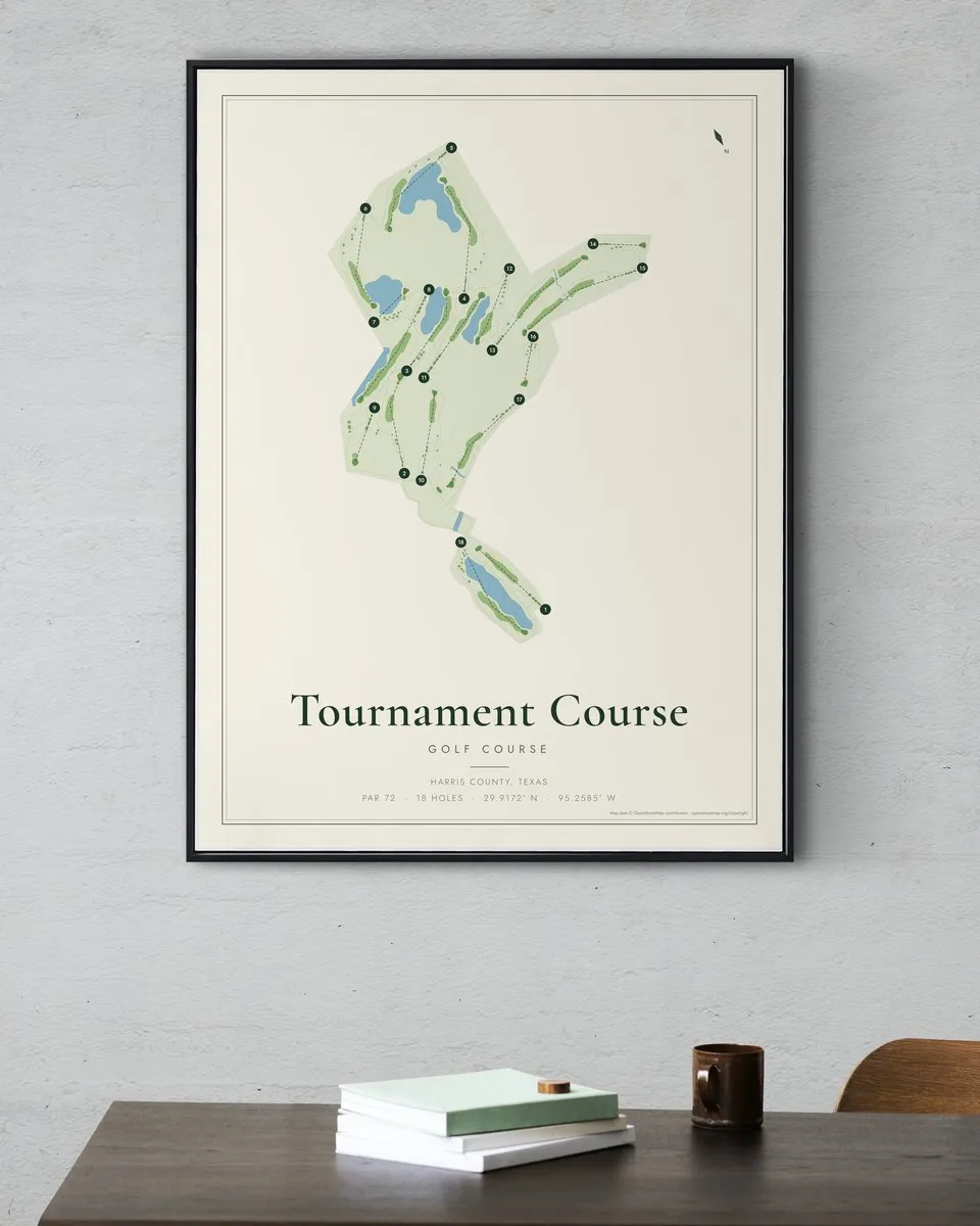 Tournament Course golf course map print framed on a wall