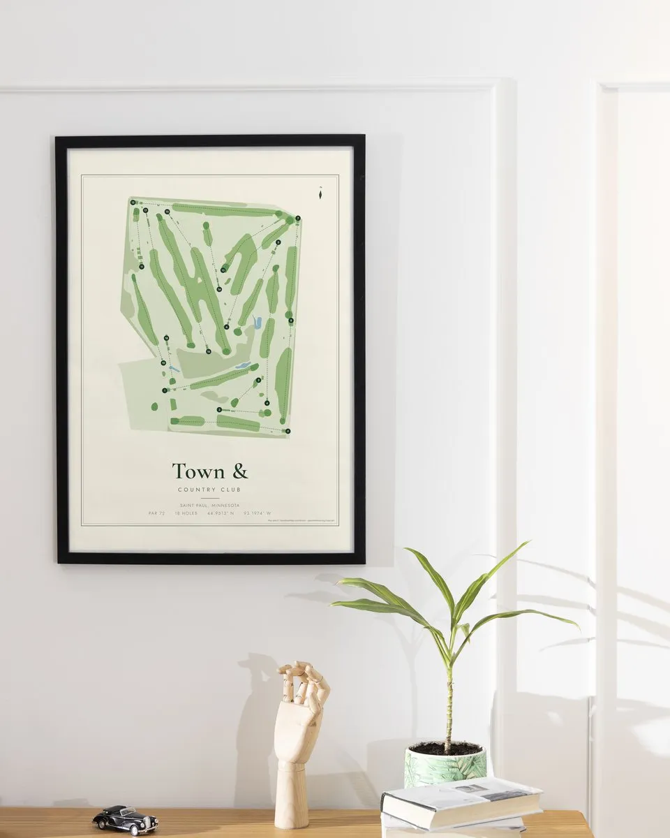 Town & Country Club golf course map print framed on a wall