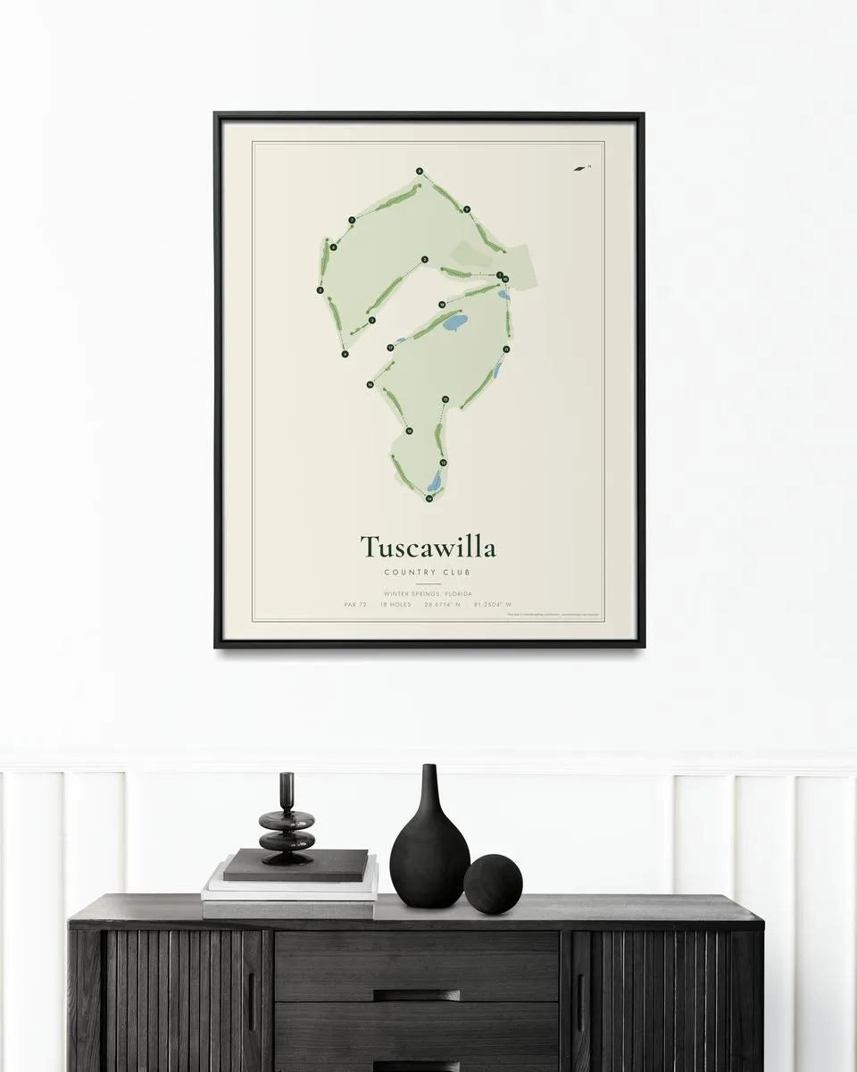 Tuscawilla Country Club golf course map print framed on a wall