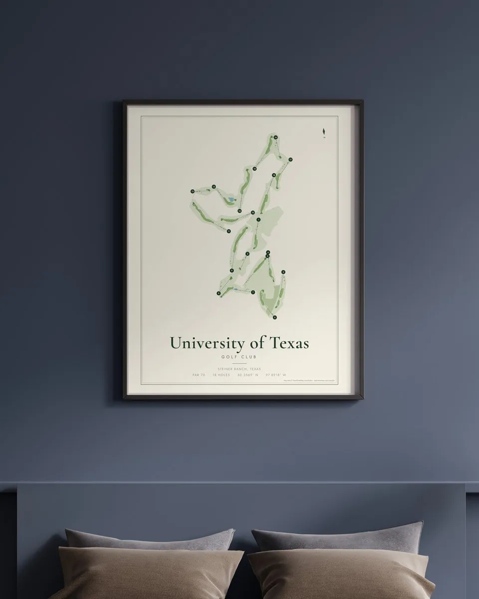 University of Texas Golf Club golf course map print framed on a wall