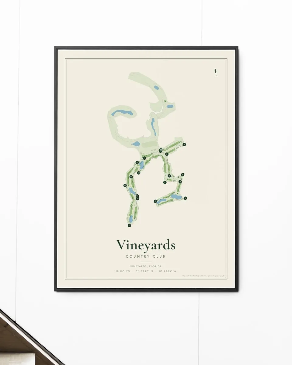 Vineyards Country Club golf course map print framed on a wall