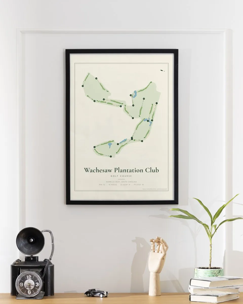 Wachesaw Plantation Club golf course map print framed on a wall