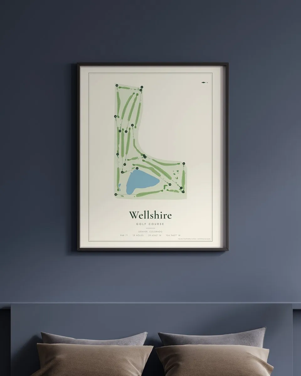 Wellshire Golf Course golf course map print framed on a wall