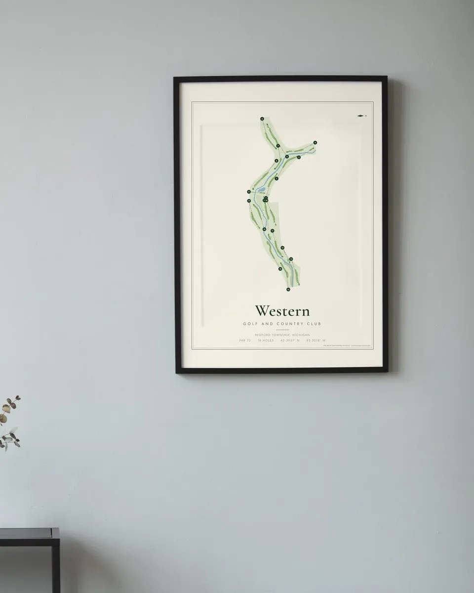 Western Golf and Country Club golf course map print framed on a wall