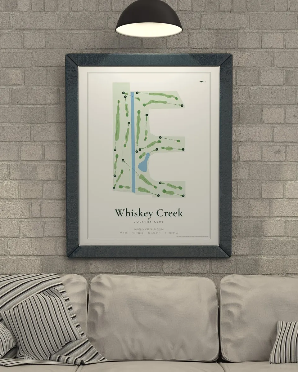 Whiskey Creek Country Club golf course map print framed on a wall