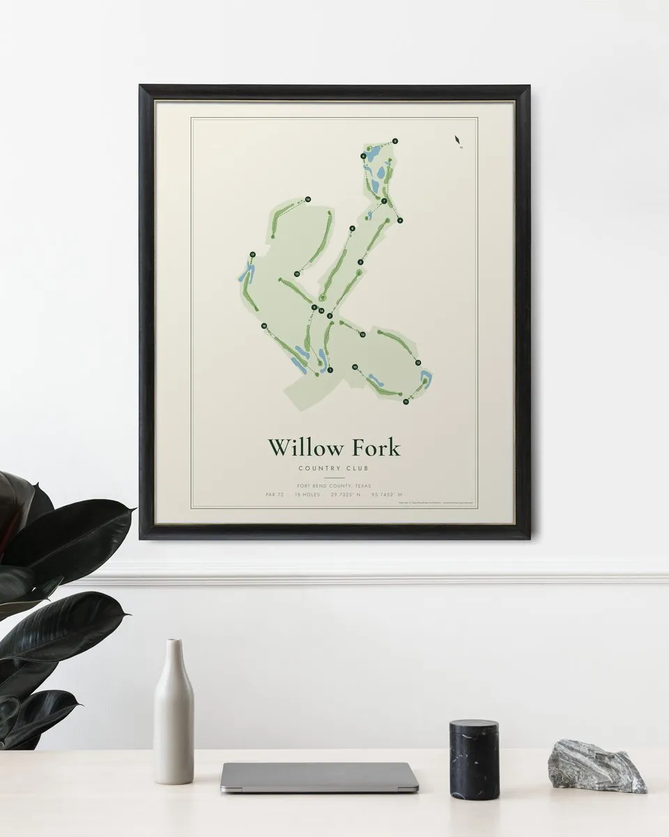 Willow Fork Country Club golf course map print framed on a wall