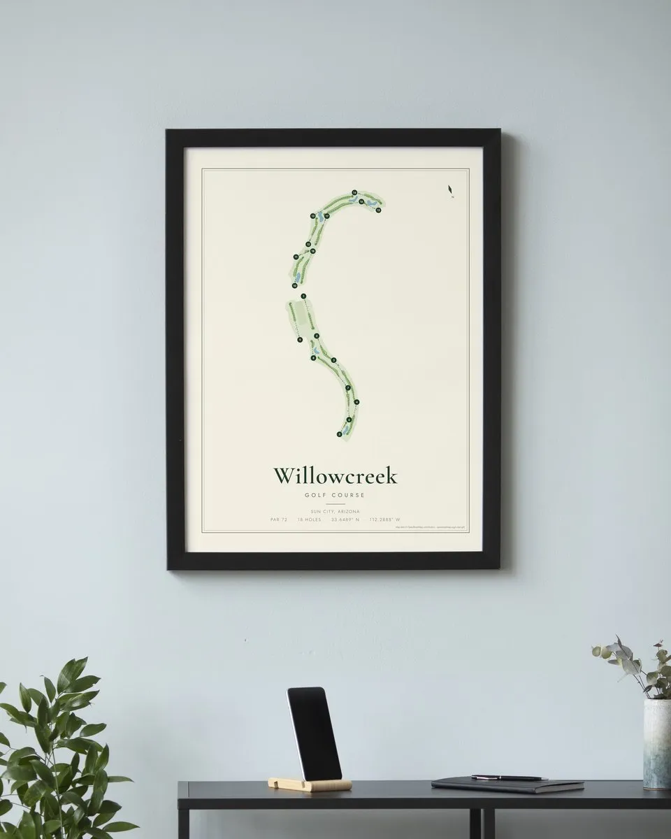 Willowcreek Golf Course golf course map print framed on a wall