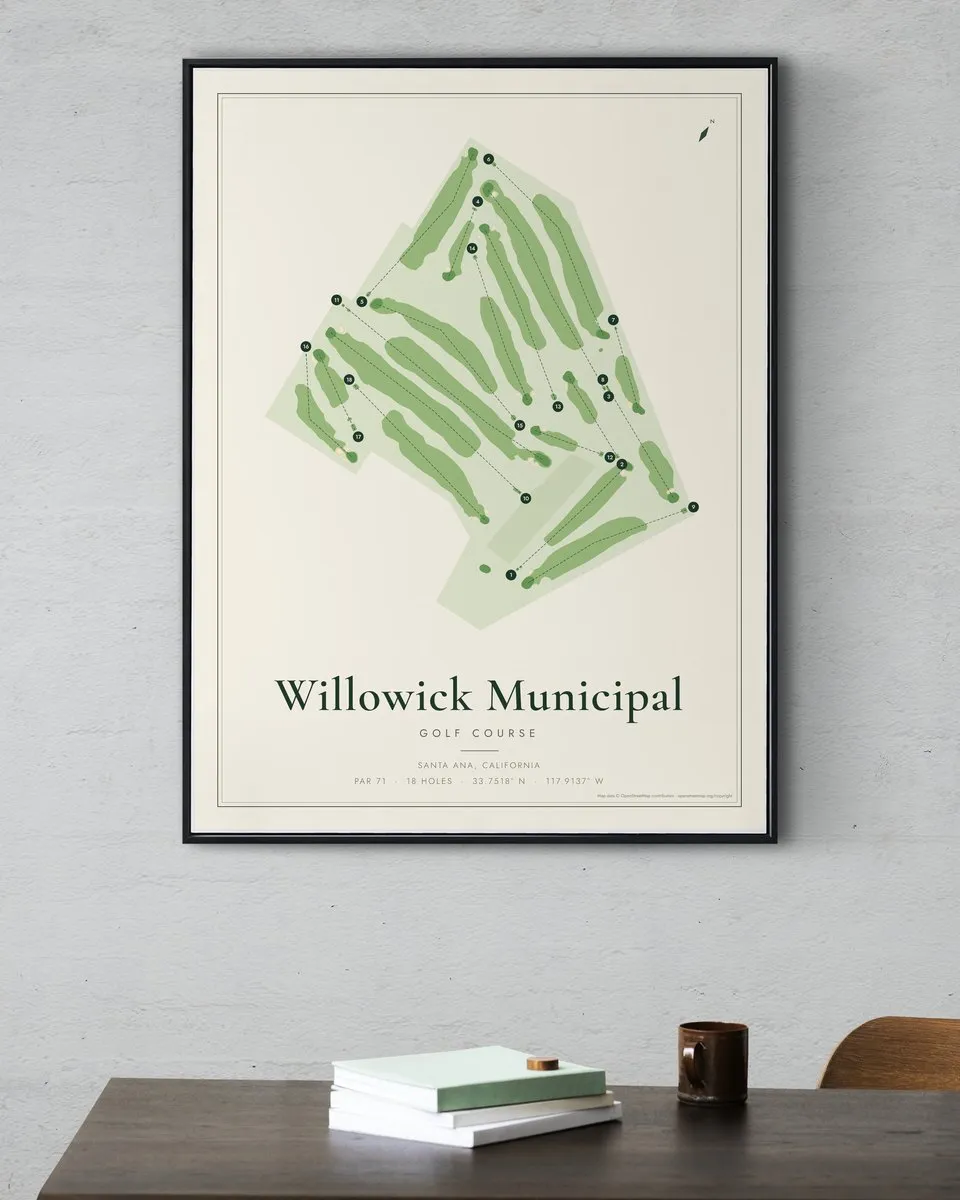 Willowick Municipal Golf Course golf course map print framed on a wall