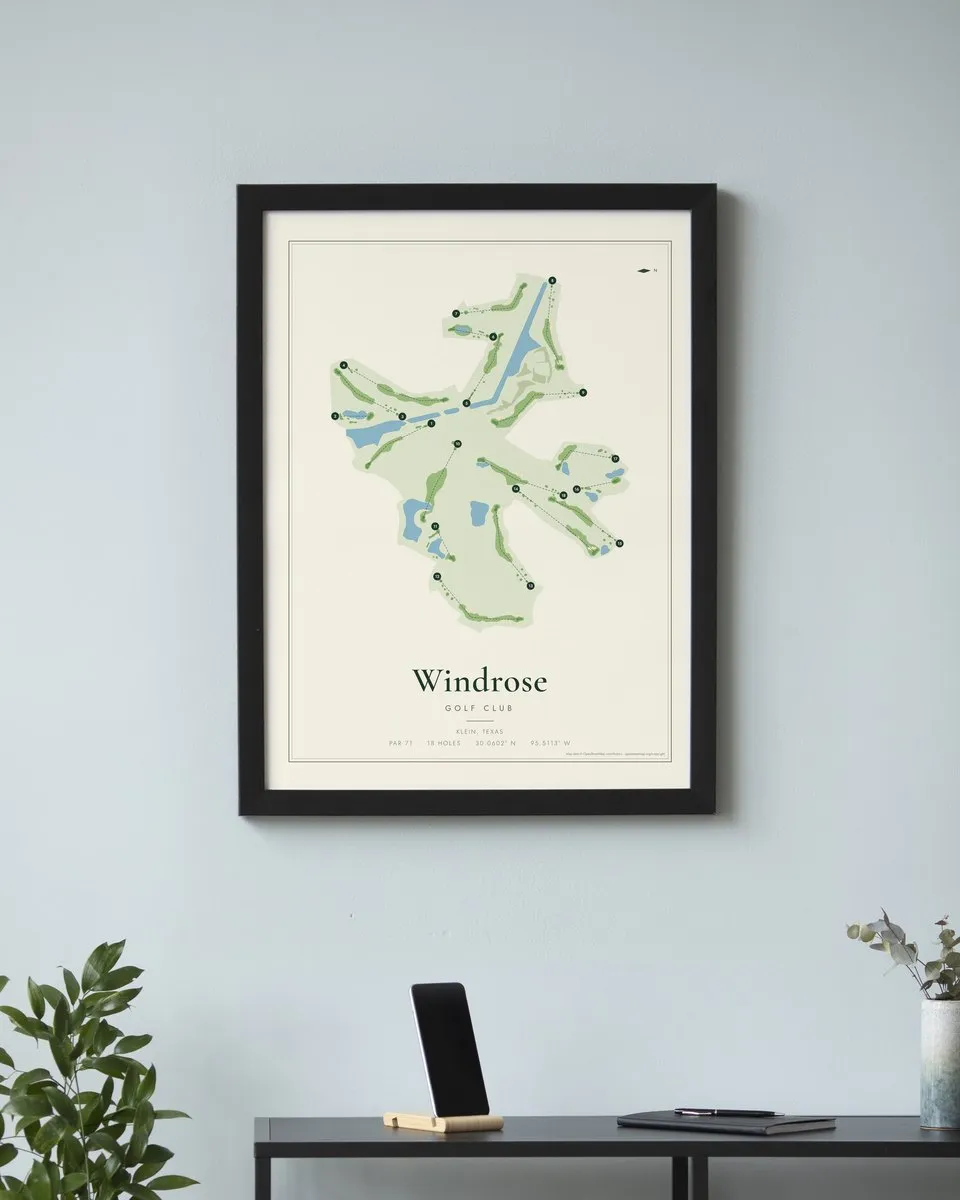 Windrose Golf Club golf course map print framed on a wall