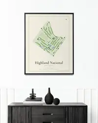Highland National Golf Course map print, framed in a room
