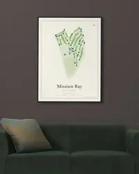 Mission Bay Golf Course and Practice Center map print, framed in a room