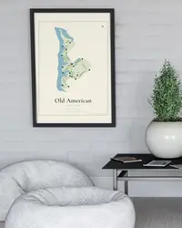 Old American Golf Club map print, framed in a room