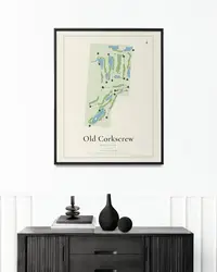 Old Corkscrew Golf Club map print, framed in a room