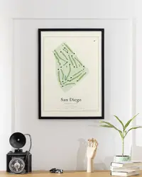San Diego Country Club map print, framed in a room
