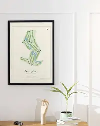 San Jose Country Club map print, framed in a room