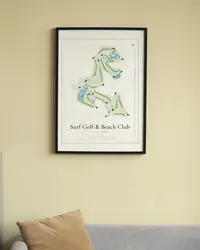 Surf Golf & Beach Club map print, framed in a room